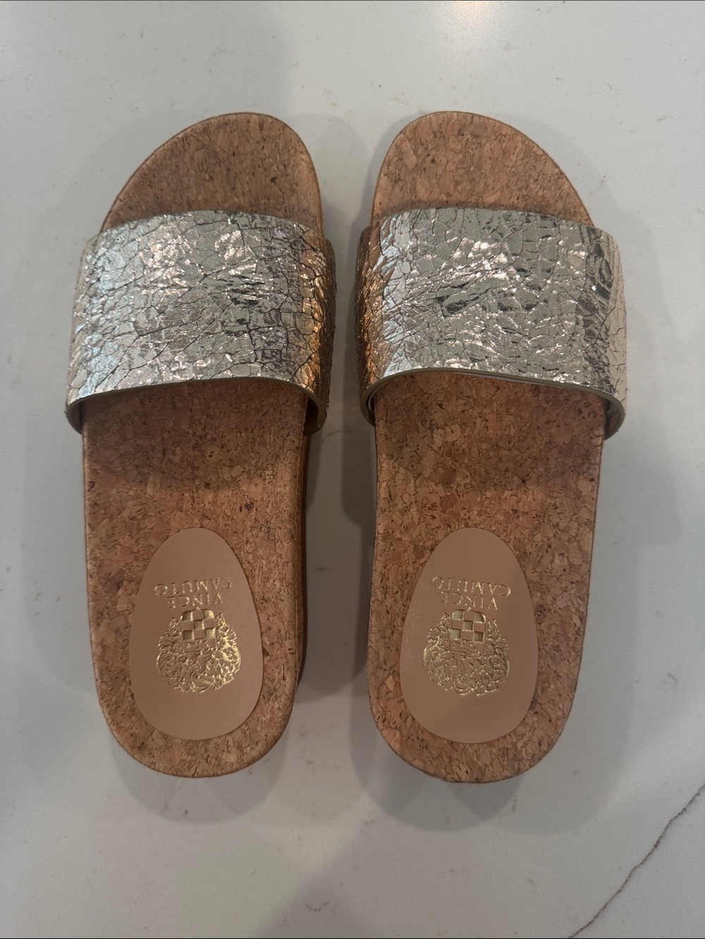Vince Camuto Textured Metallic Slide Sandals in Gold